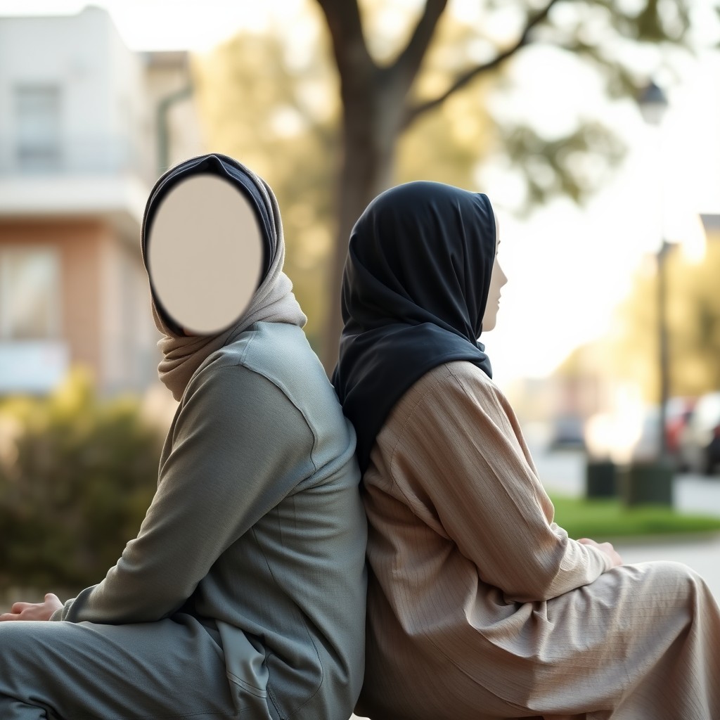 A calm, relational poster background depicting two people seated or walking side by side in a natural urban-suburban setting