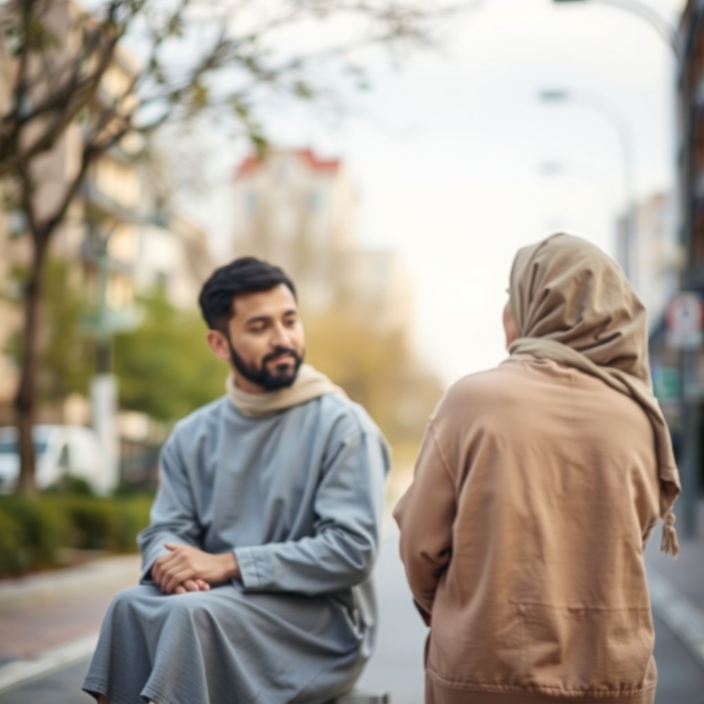 A calm, relational poster background depicting two individuals, either seated or walking side by side in a natural urban-suburban setting
