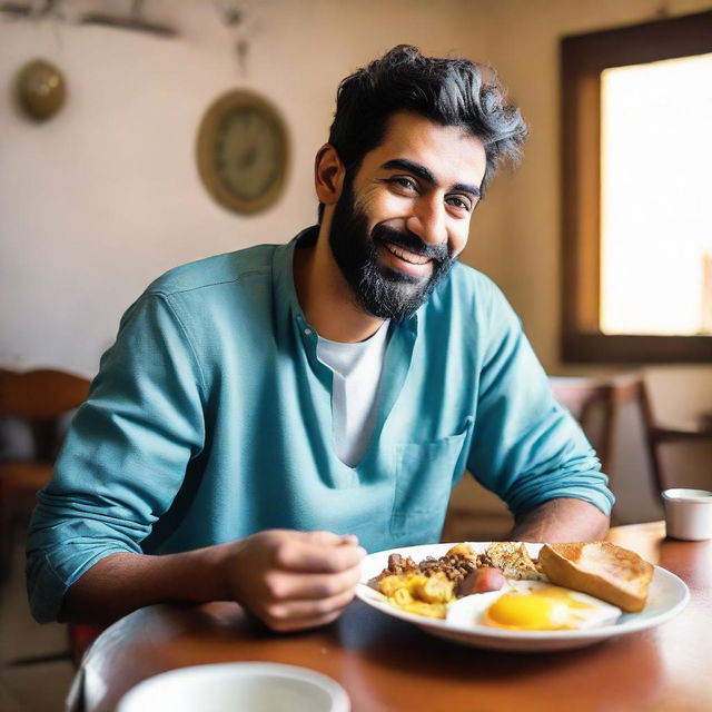 A charismatic young Pakistani man seated in a lively hostel dining area, partaking in a hearty breakfast with a mix of local and international dishes, ready to start his day.