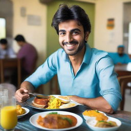 A charismatic young Pakistani man seated in a lively hostel dining area, partaking in a hearty breakfast with a mix of local and international dishes, ready to start his day.