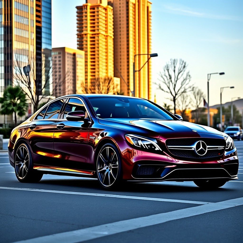 A stunning burgundy Mercedes-Benz C63 AMG W205 parked on a scenic city street