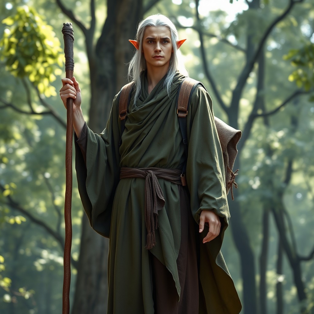 A male elf monk standing tall in a serene forest setting