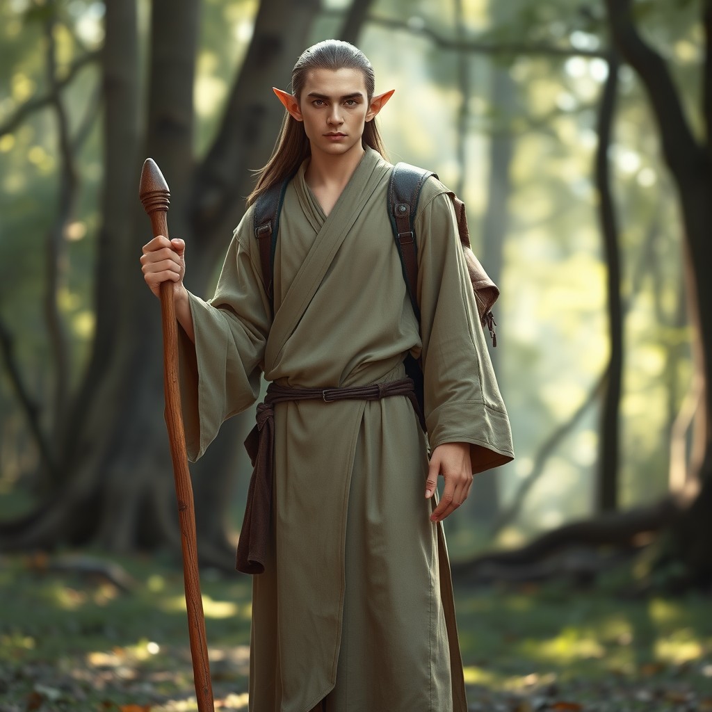 A male elf monk standing in a tranquil forest environment, featuring a plain, flowing robe in muted shades of beige and green, emphasizing simplicity and functionality