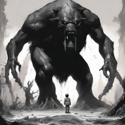 A young boy standing fearlessly within the entrails of a gigantic black beast