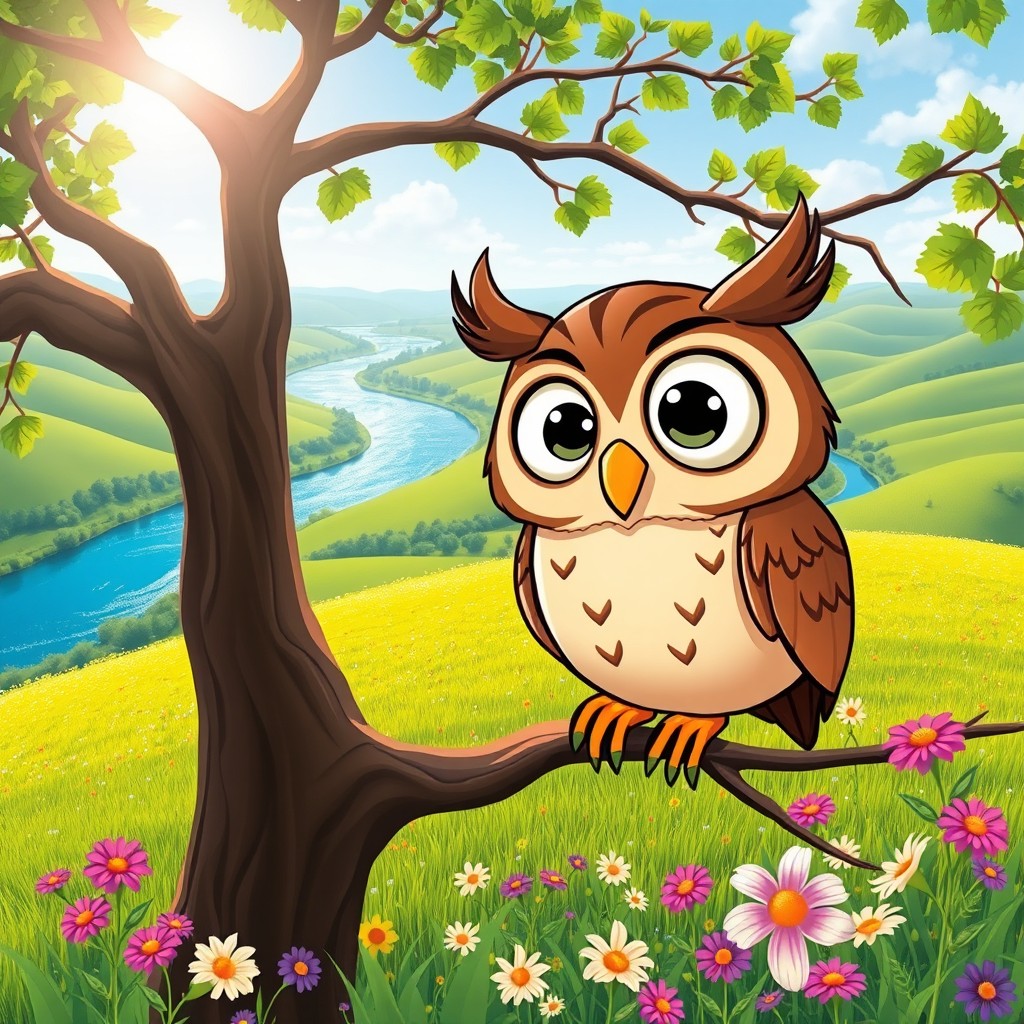 A whimsical cartoon owl with oversized expressive eyes looks curiously at the viewer