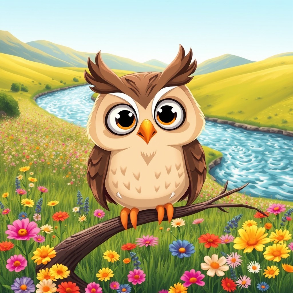 A charming cartoon owl with large, expressive eyes gazes playfully at the viewer