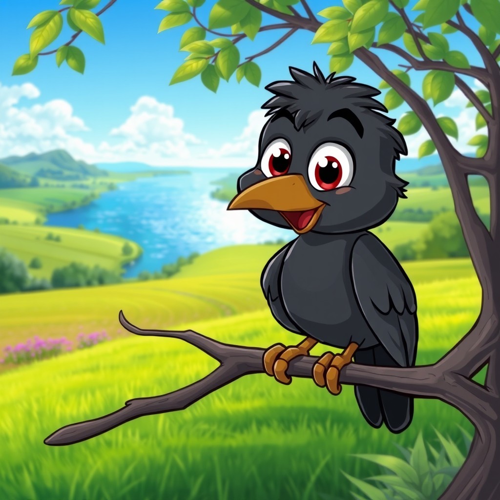 A playful cartoon crow with big, expressive eyes sits confidently on a branch, looking curiously at the viewer