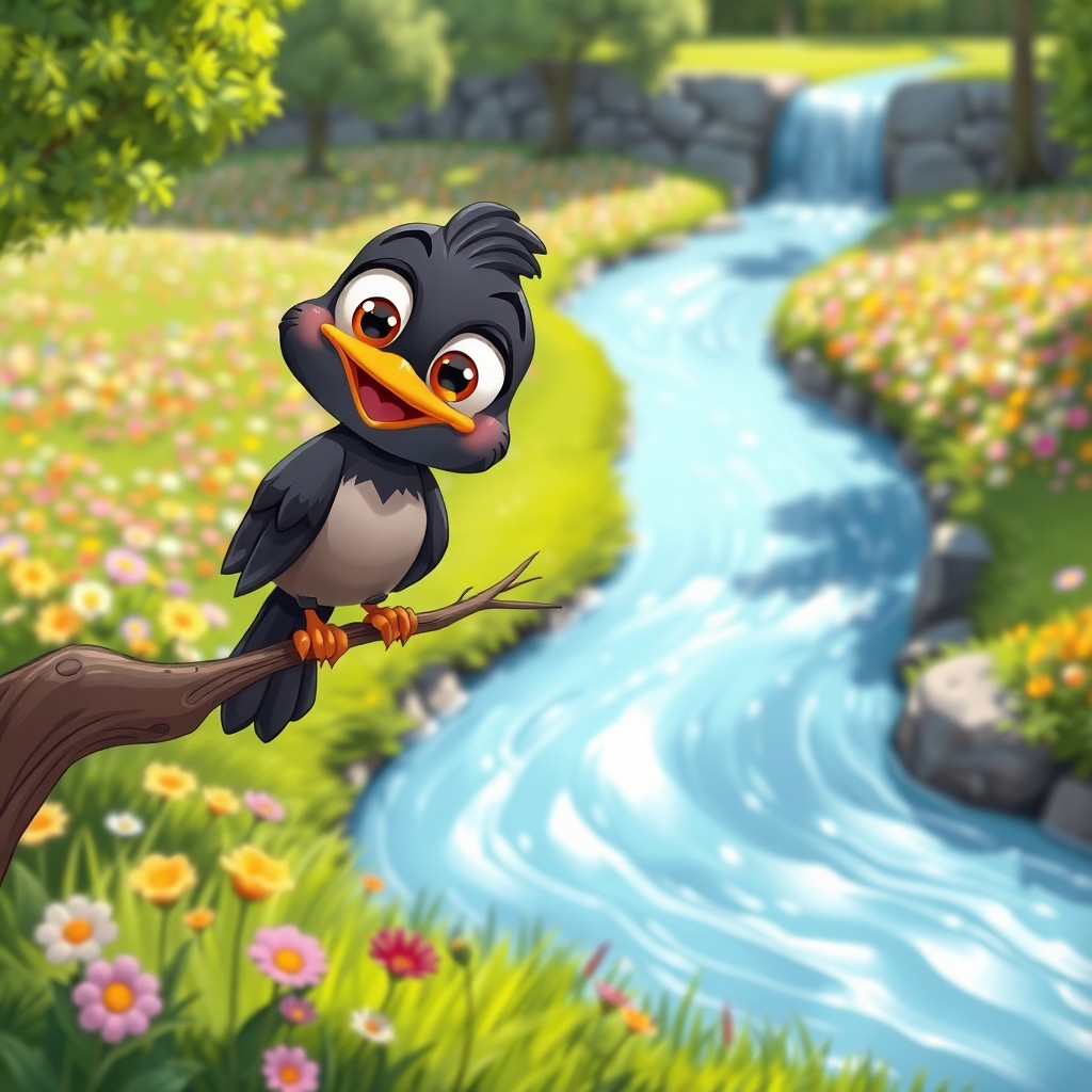 A cute cartoon crow with big, expressive eyes sits playfully on a branch, gazing curiously at the viewer