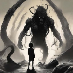 A young boy standing fearlessly within the entrails of a gigantic black beast