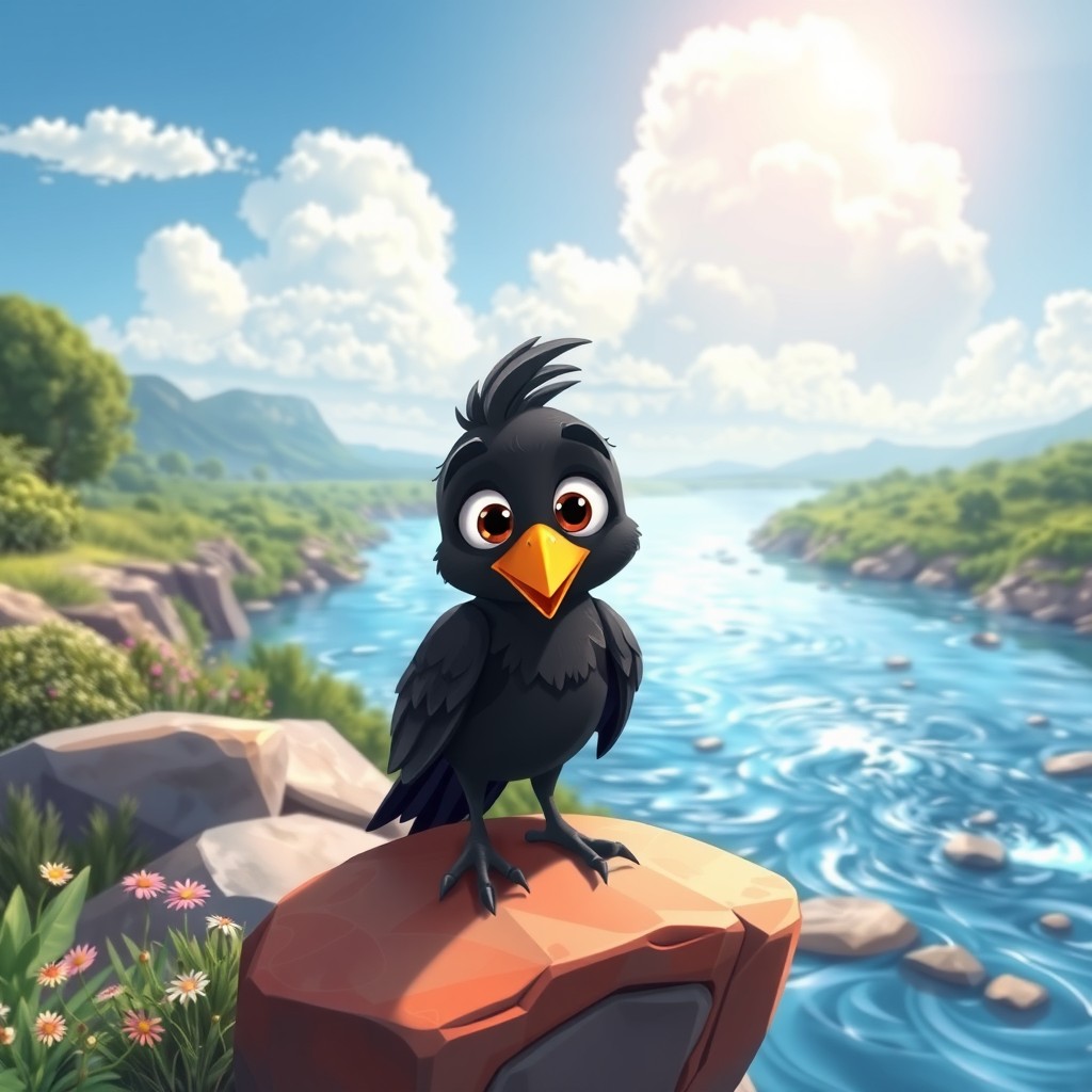 A whimsical cartoon crow with oversized, expressive eyes, featuring a glossy black plumage and a playful stance