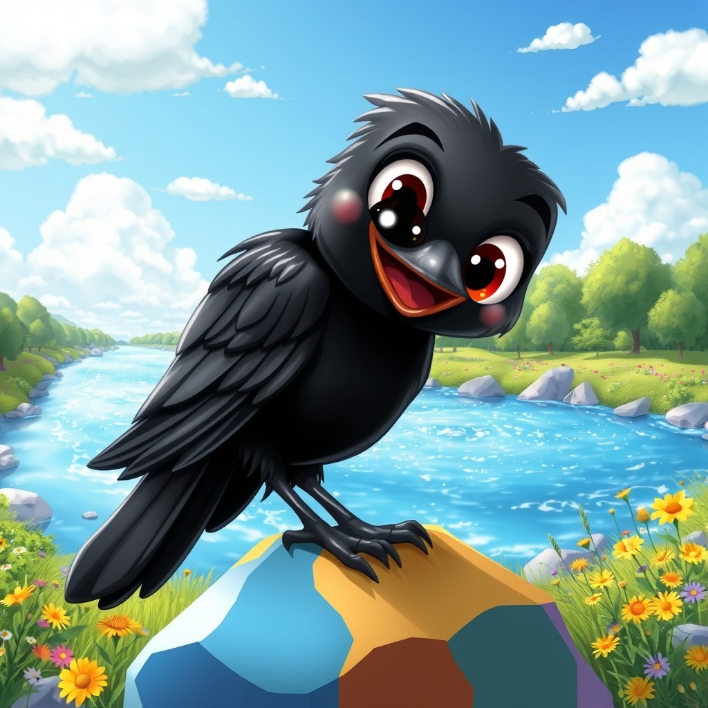 A whimsical cartoon crow with exaggerated large, shiny eyes, perched playfully on a colorful rock