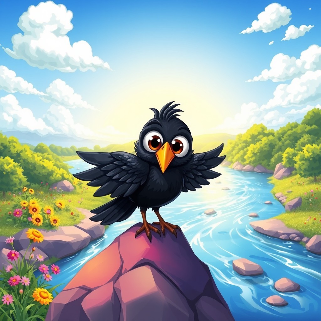 A whimsical cartoon crow with oversized, expressive eyes, featuring glossy black plumage and a playful stance