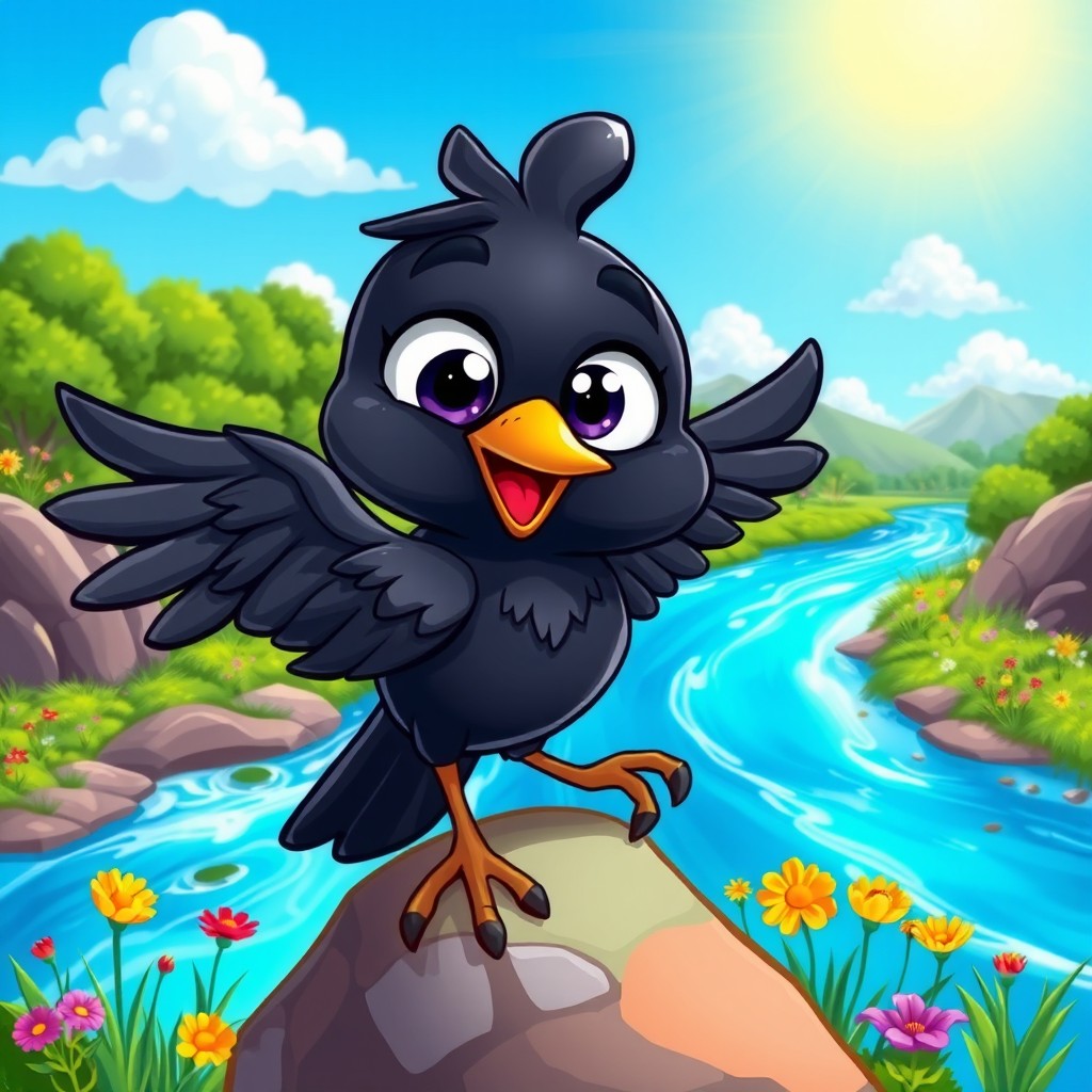 A whimsical cartoon crow with oversized, expressive eyes, featuring glossy black plumage and a playful stance