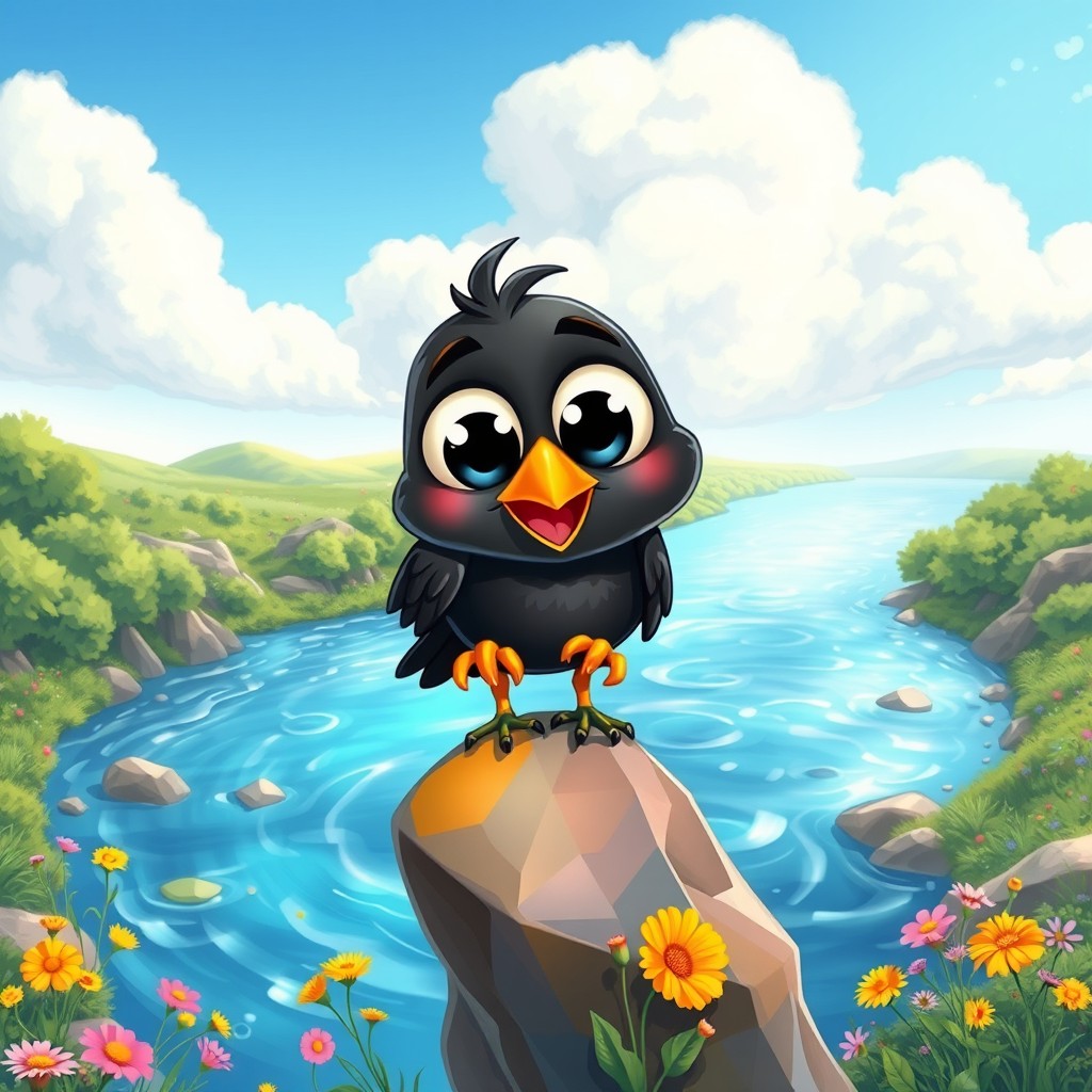 A whimsical cartoon crow with oversized, shiny large eyes, perched cheerfully on a colorful rock