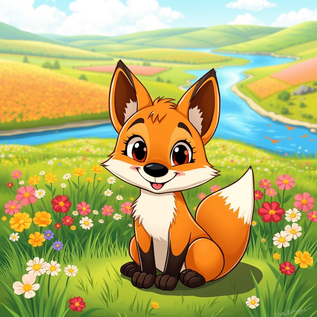 A delightful cartoon fox with large, whimsical eyes sits playfully in the foreground, looking curiously at the viewer