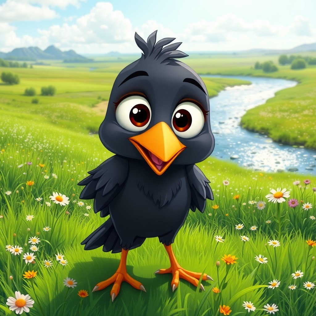 A charming cartoon crow with large, expressive eyes stands in the foreground, showcasing its playful demeanor