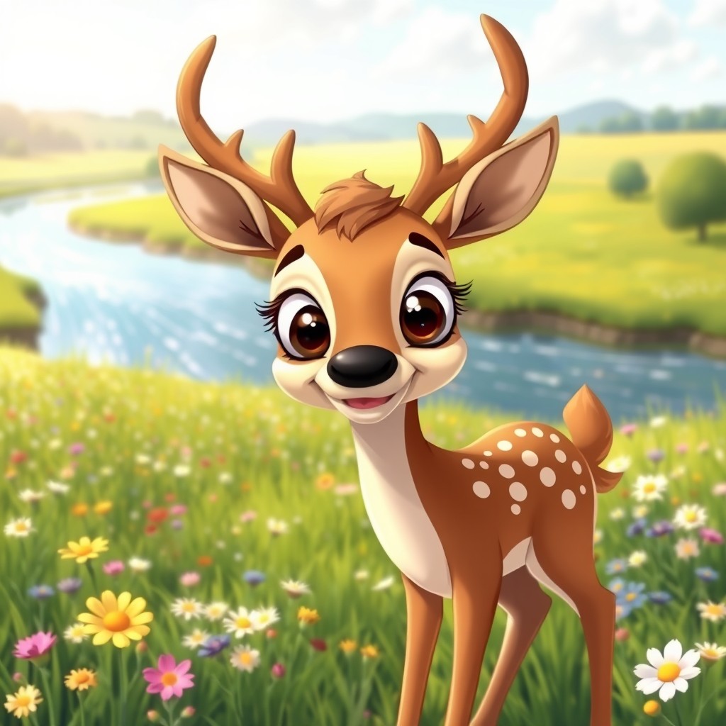 A charming cartoon deer with very large, expressive eyes stands in a scenic foreground, exuding a friendly and curious demeanor