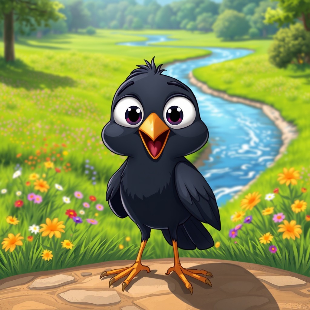 A whimsical cartoon crow with large, enchanting eyes stands in the foreground, showcasing a cheerful and curious expression