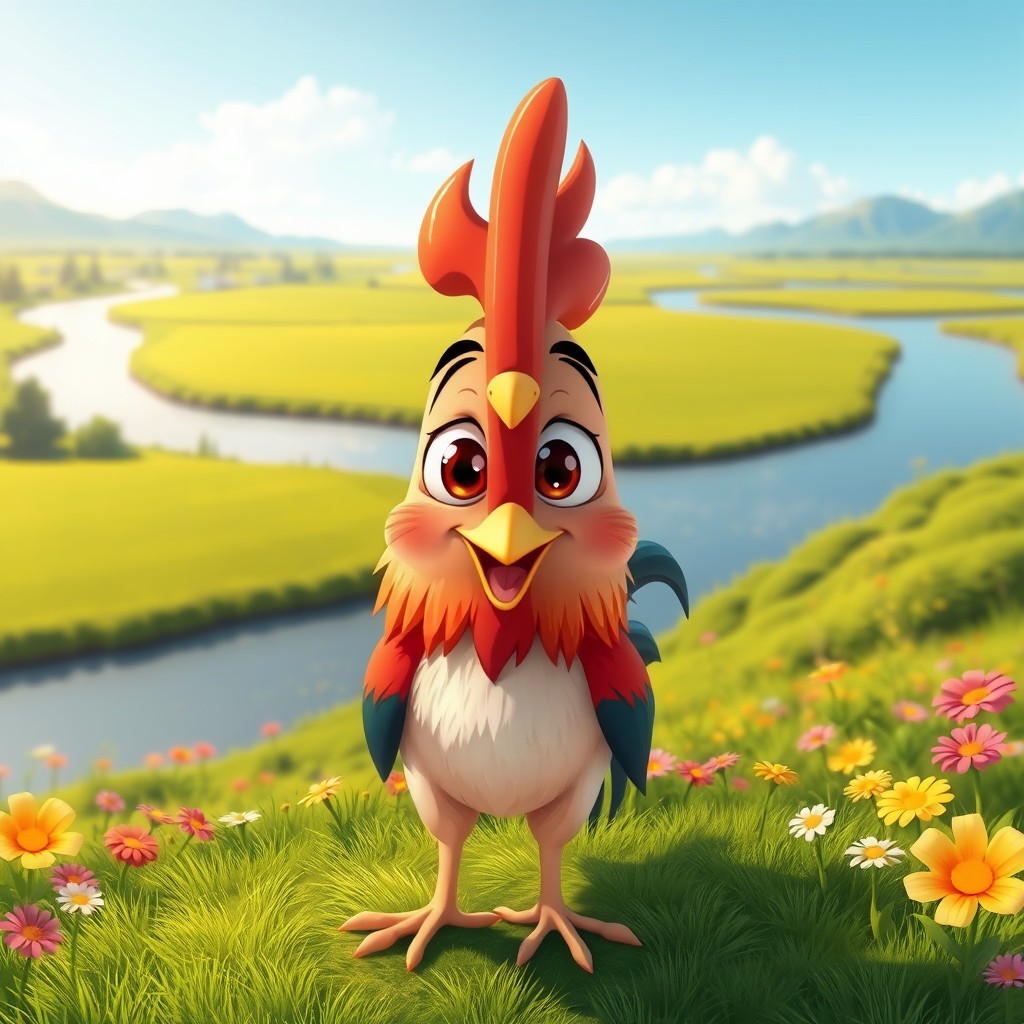 A delightful cartoon rooster with large, expressive eyes stands proudly in the foreground, radiating a cheerful and vibrant personality