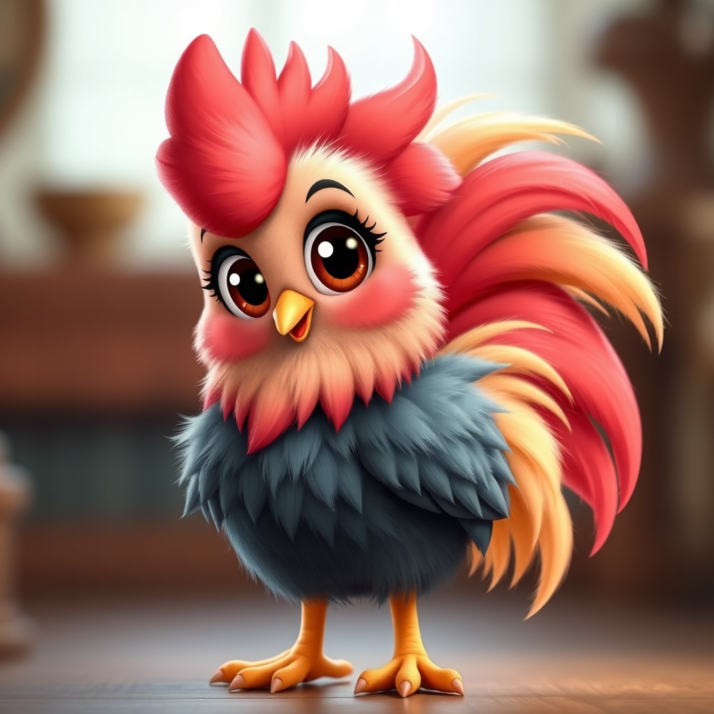 A cute cartoon silky rooster with large, expressive eyes and a fluffy, silky texture stands proudly, showcasing its vibrant plumage in assorted colors