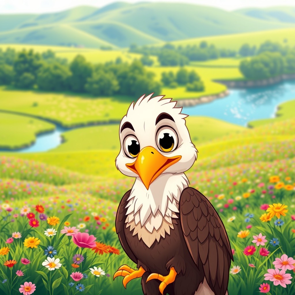 A charming cartoon bald eagle with very large, expressive eyes stands confidently in the foreground, embodying a sense of strength and majesty