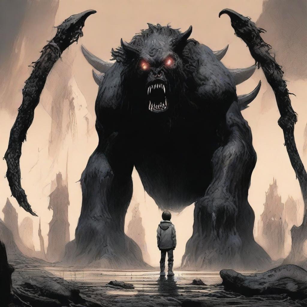 A young boy standing fearlessly within the entrails of a gigantic black beast