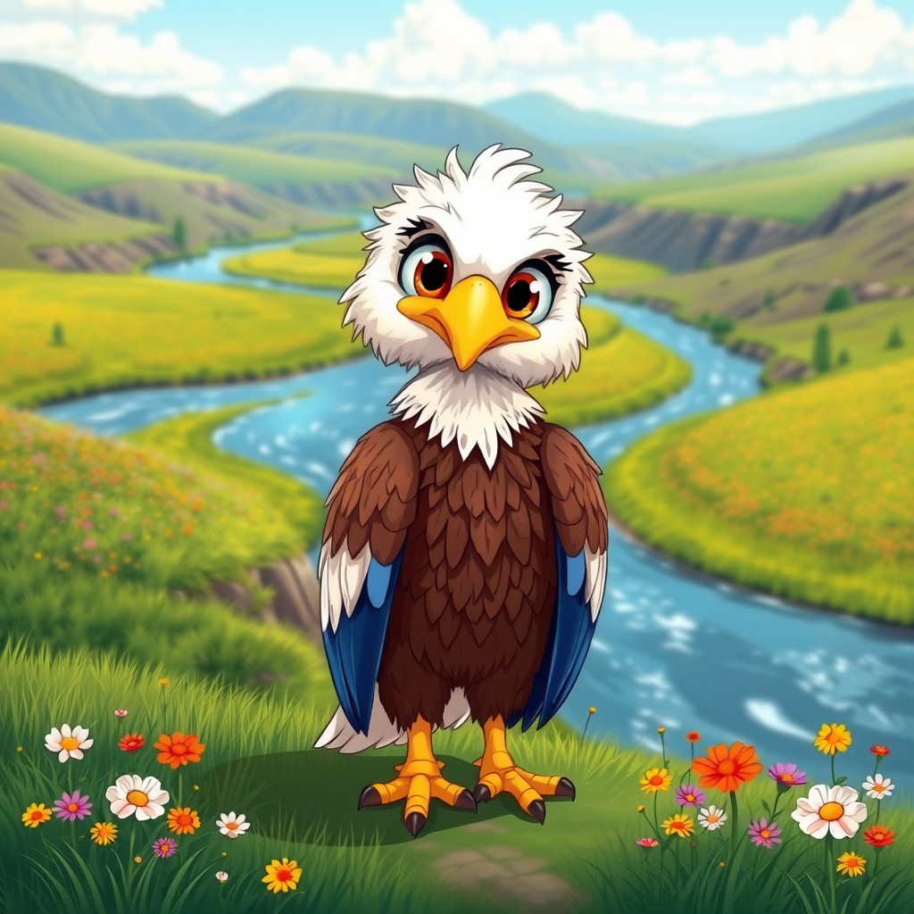 A vibrant cartoon bald eagle with large, captivating eyes stands majestically in the foreground