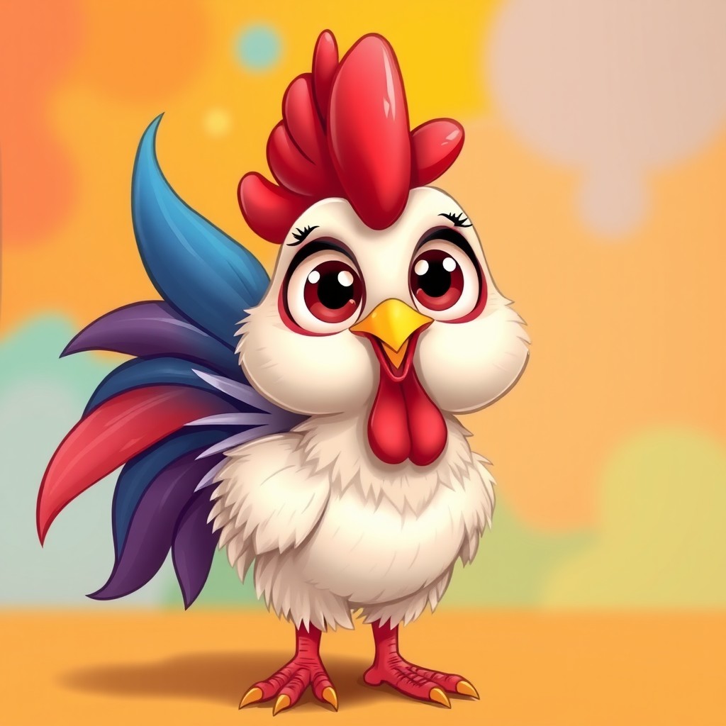 An adorable cartoon silky rooster with oversized, captivating eyes radiates charm and personality