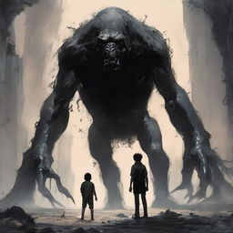 A young boy standing fearlessly within the entrails of a gigantic black beast