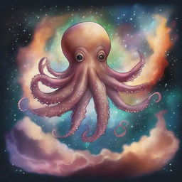 A drawing of An octopus with background of a hearth flying in a nebula