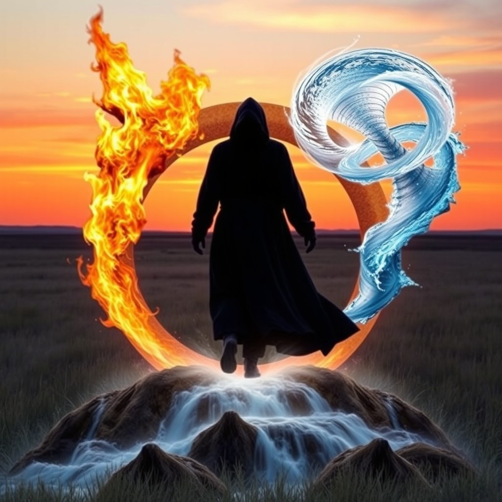 In an open, clear field at sunset, a silhouette cloaked in dark garments steps into a circular portal
