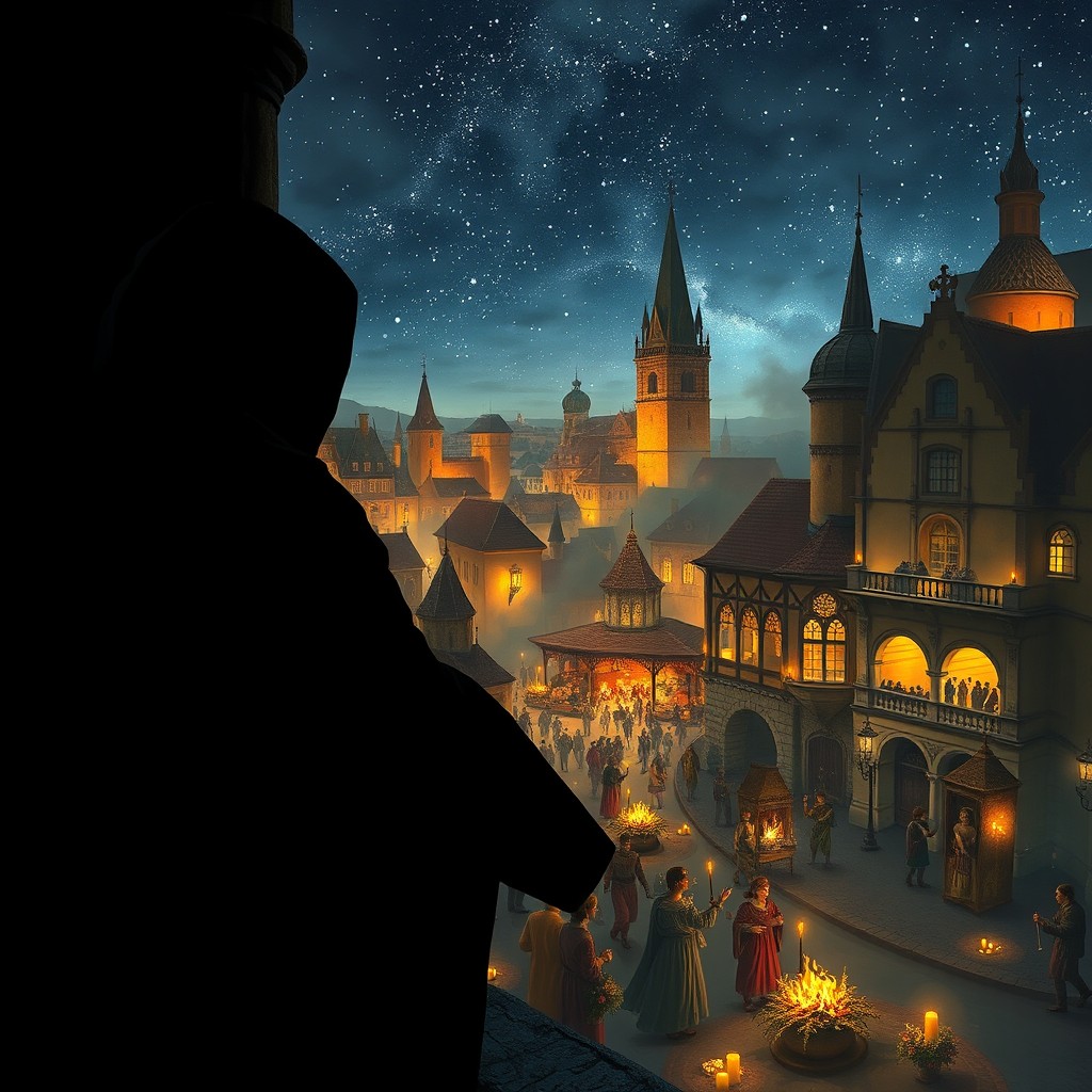A silhouette in dark robes with a hood observing from a bell tower over a beautiful medieval European city at night