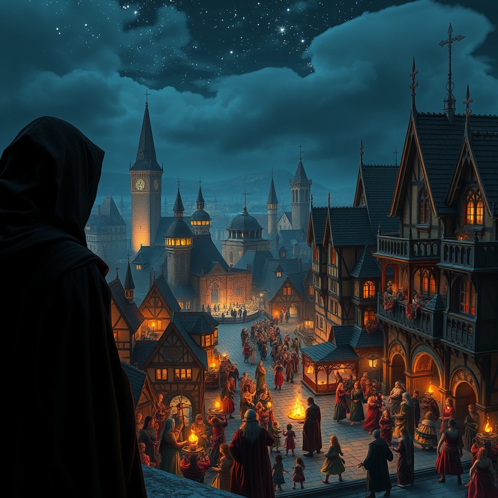 A silhouette in dark robes with a hood observing from a bell tower over a beautiful medieval European city at night