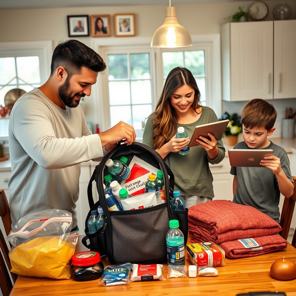 A family of four, including a father, mother, teenage daughter, and young son, actively preparing an emergency kit at their kitchen table