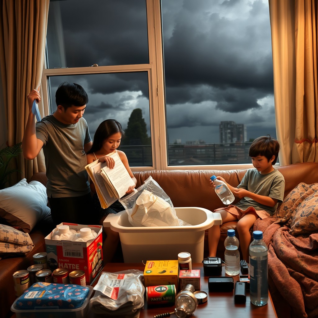A family of four in their living room taking precautionary measures before an approaching typhoon