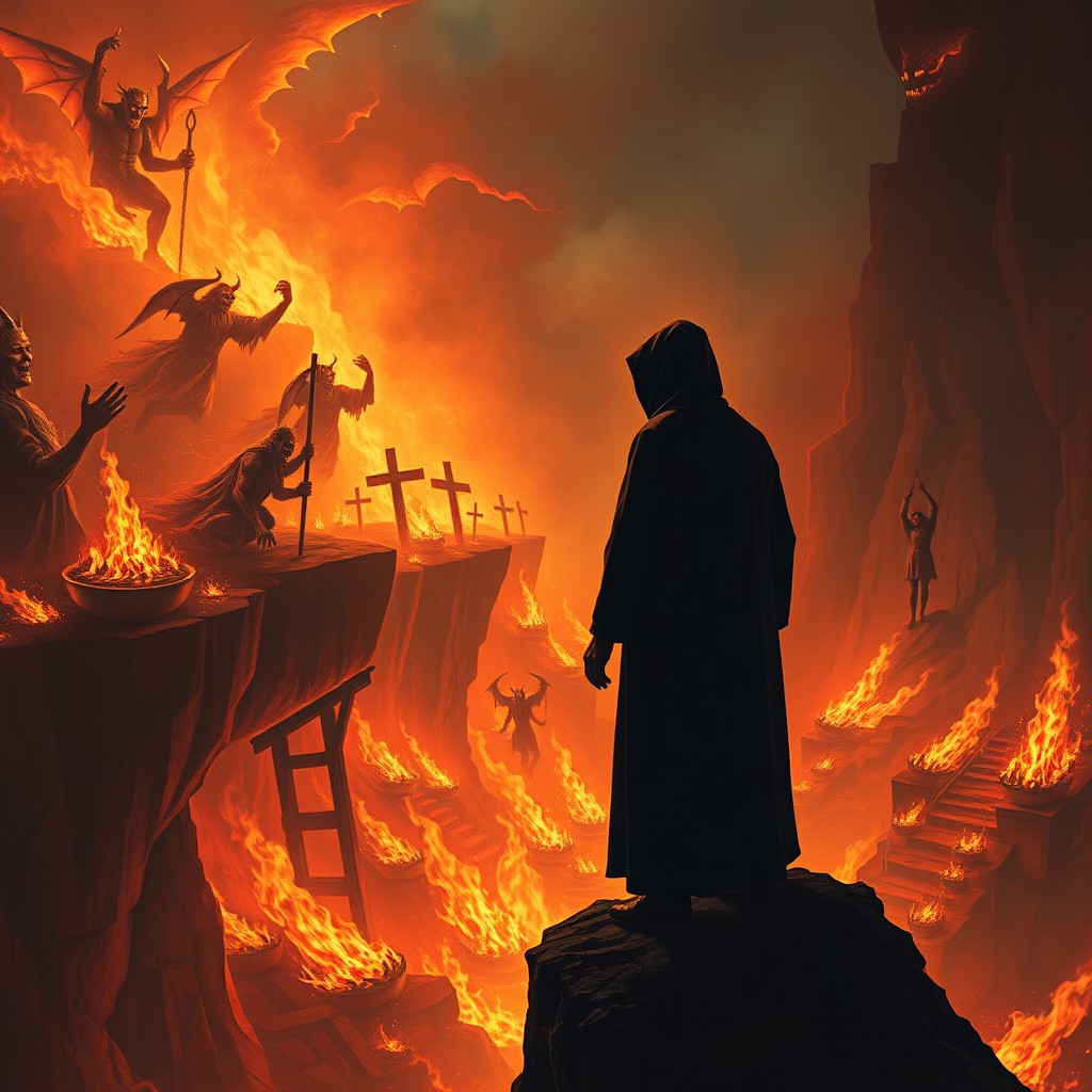 A silhouette in dark robes with a hood standing on a cliff, gazing down into a fiery hellscape below
