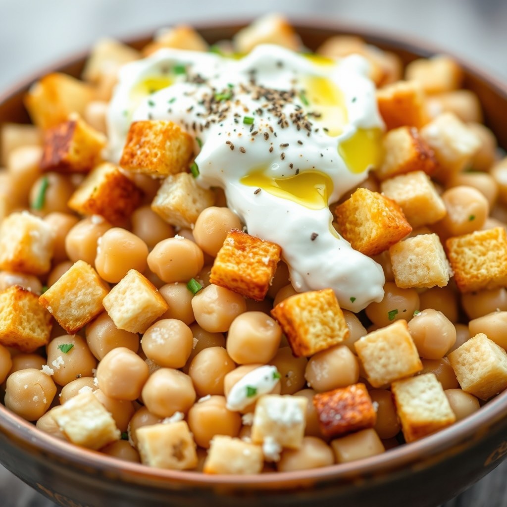 A flavorful dish featuring chickpeas that are thoroughly mixed and evenly coated with creamy yogurt