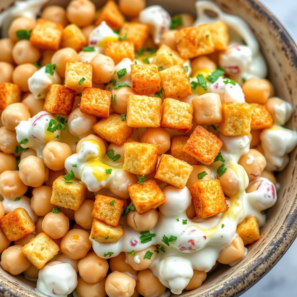 A vibrant dish featuring chickpeas that are completely coated and evenly mixed with smooth, creamy yogurt