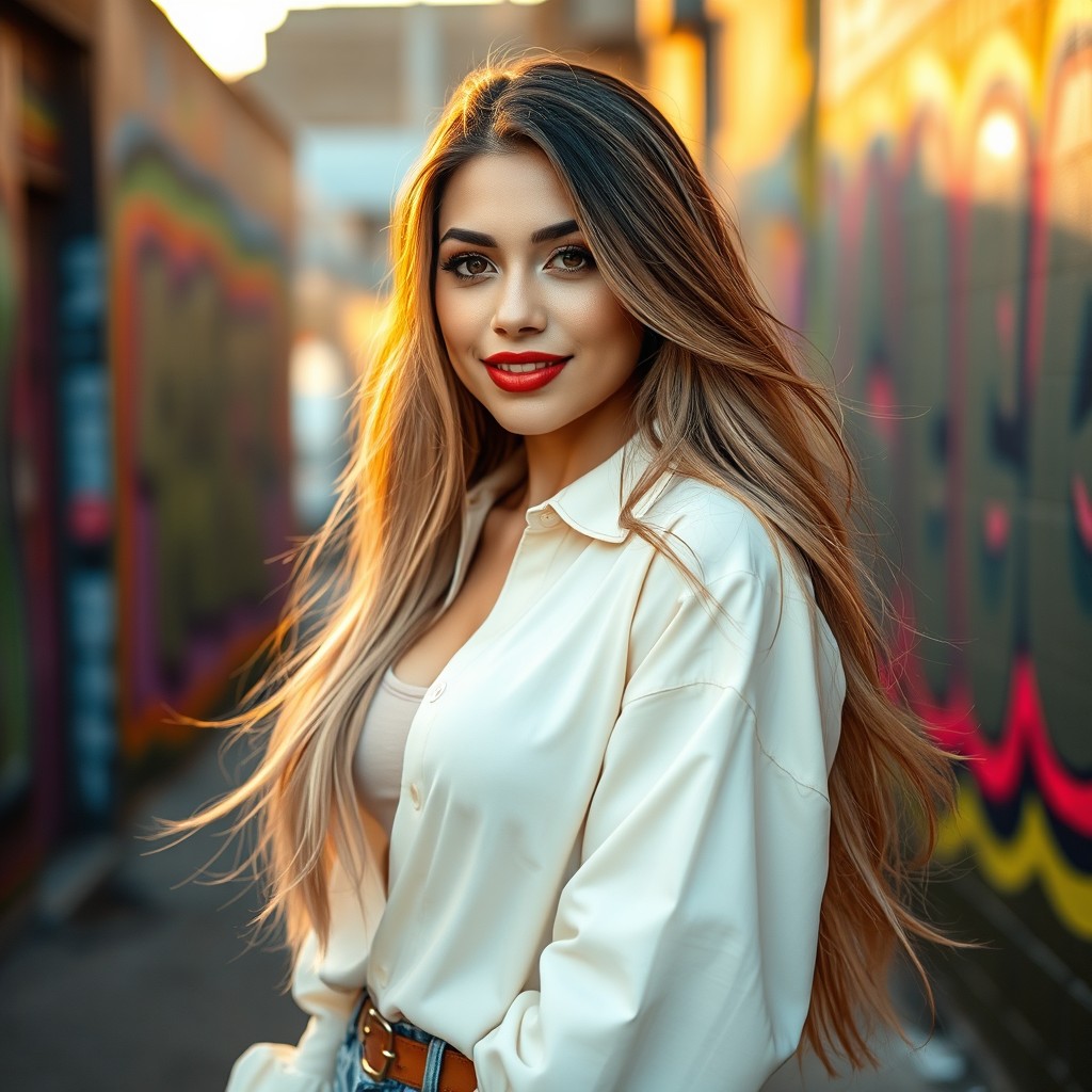 A beautiful trans girl with long flowing hair, wearing a stylish outfit that reflects her unique personality