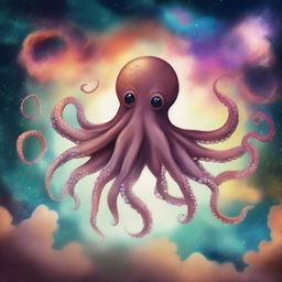 A drawing of An octopus with background of a hearth flying in a nebula