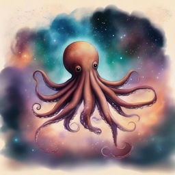 A drawing of An octopus with background of a hearth flying in a nebula