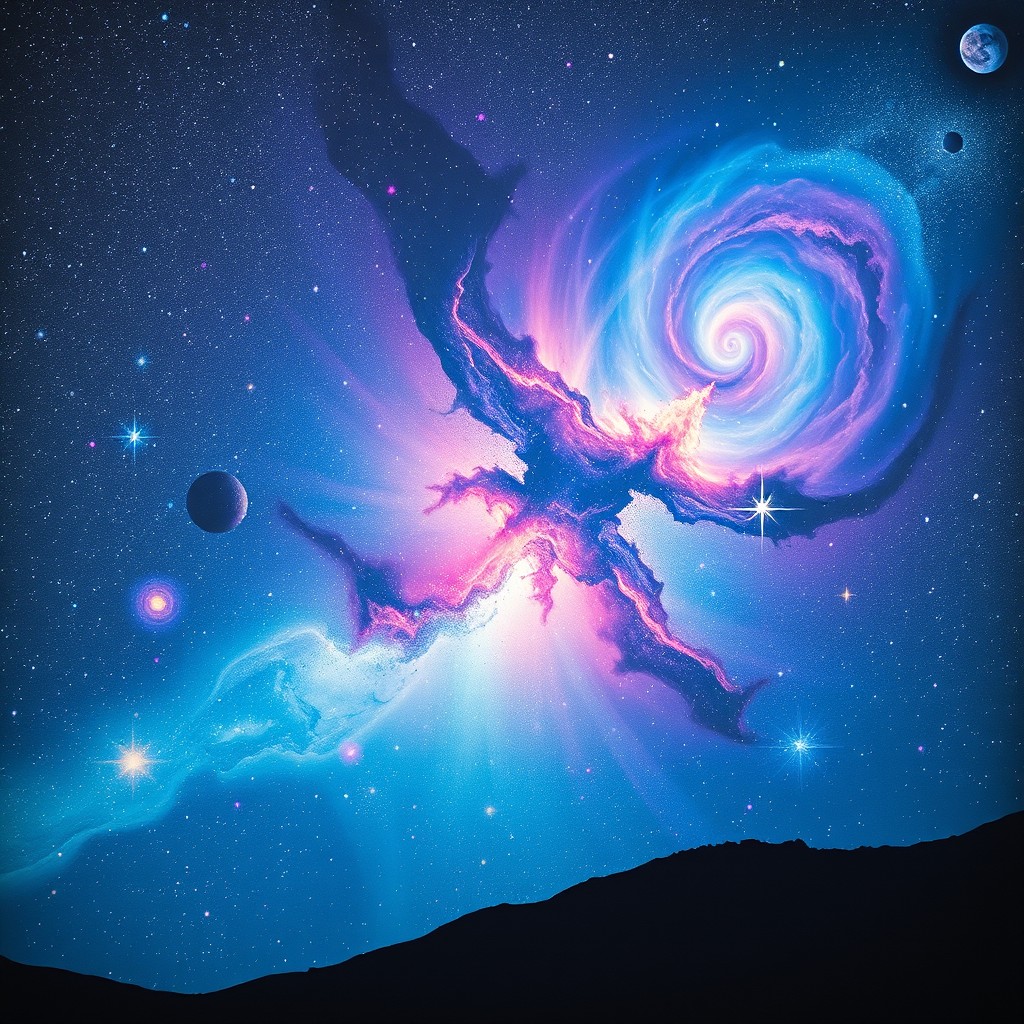A mesmerizing cosmic landscape filled with vibrant nebulae and swirling galaxies, under a starry night sky