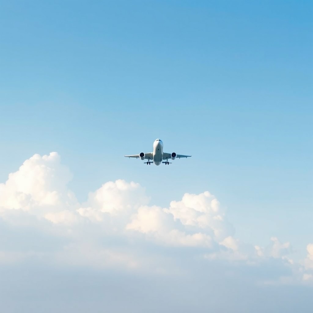 A serene and professional airplane-themed background for a thesis front page, featuring a clear blue sky with soft, fluffy clouds and the silhouette of a sleek airplane flying high above