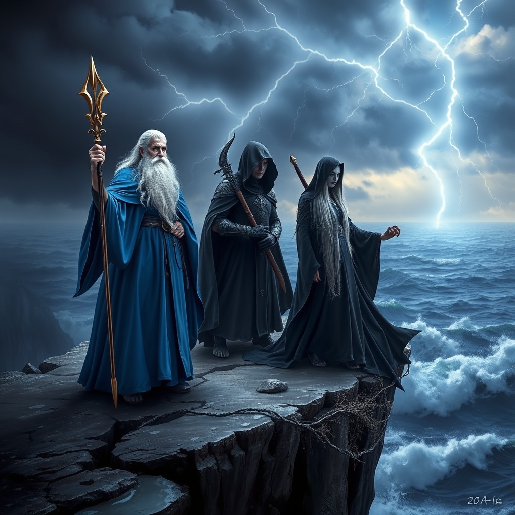 A fantasy book cover featuring Merlin the wizard in blue robes with a long white beard, holding a glowing staff