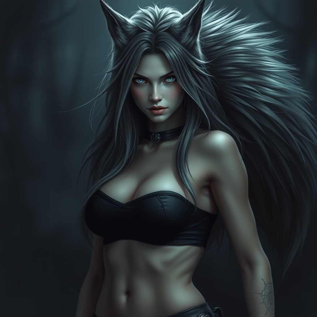 A strikingly beautiful female human-wolf hybrid, exuding a dark Nordic aesthetic with a horror twist