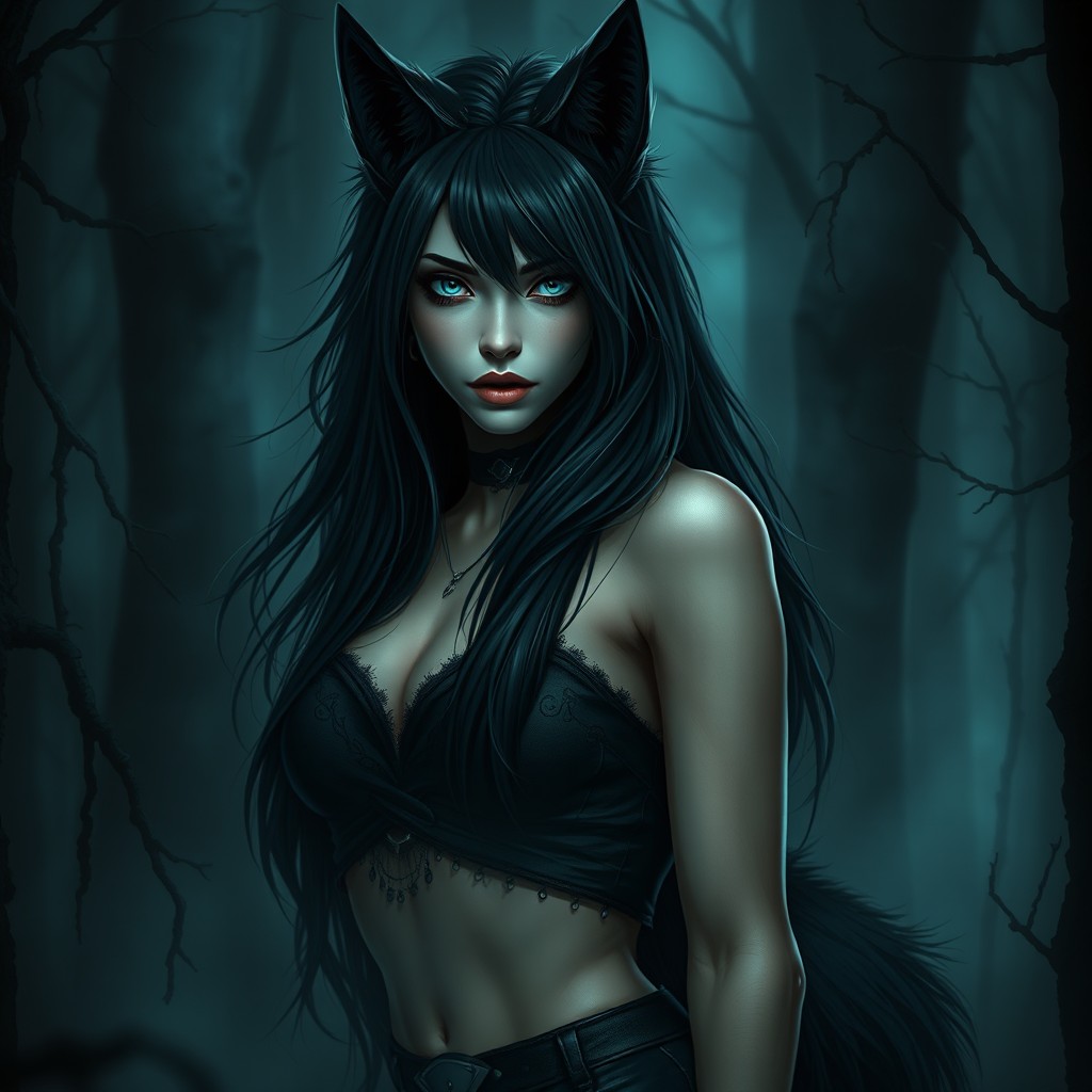A stunning female human-wolf hybrid with dark, Nordic features that exude a mysterious horror vibe