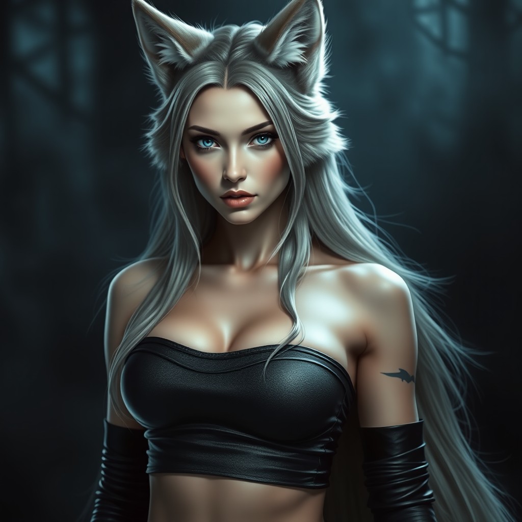 A beautiful female human-wolf hybrid, embodying a dark and Nordic aesthetic