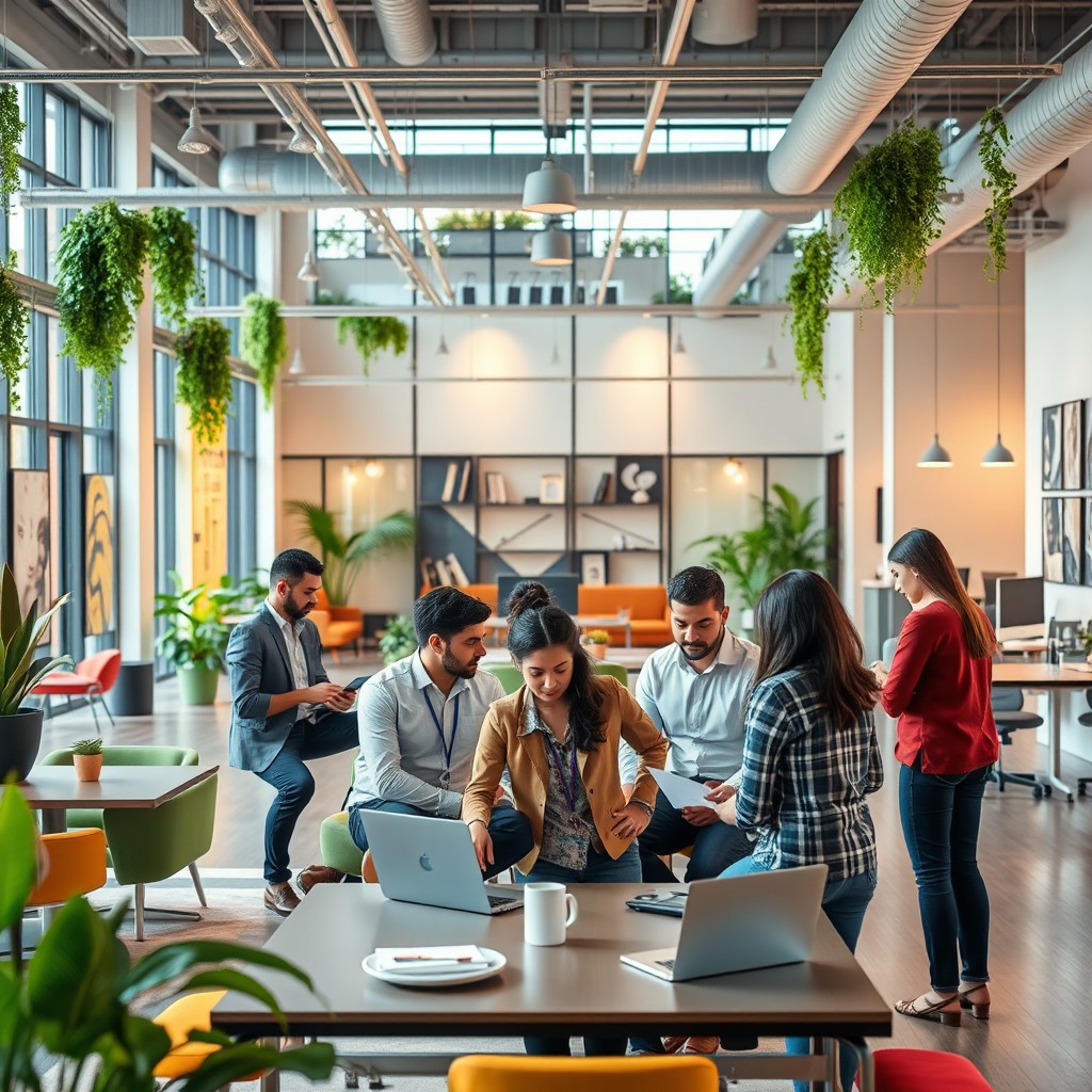 A vibrant, eye-catching commercial project concept featuring a modern office space