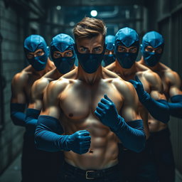 Un grupo de hombres con ojos azules intensos, sin camiseta, mostrando físicos musculosos y definidos, con las caras cubiertas por pasamontañas azules que aportan un aire de misterio y peligro
