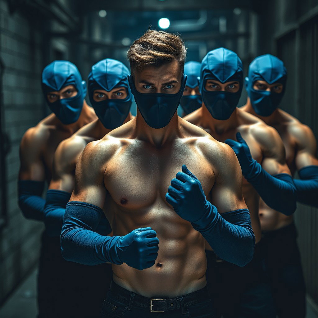 Un grupo de hombres con ojos azules intensos, sin camiseta, mostrando físicos musculosos y definidos, con las caras cubiertas por pasamontañas azules que aportan un aire de misterio y peligro